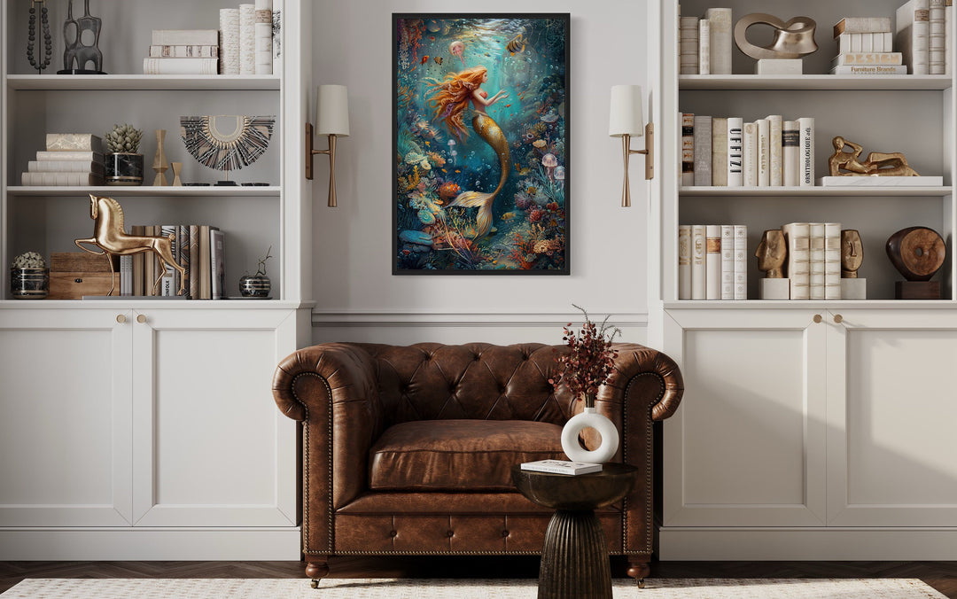 Mermaid In Ocean Coral Reef Framed Canvas Wall Art above armchair