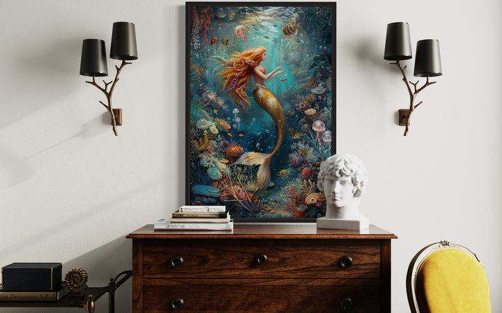 Mermaid In Ocean Coral Reef Framed Canvas Wall Art