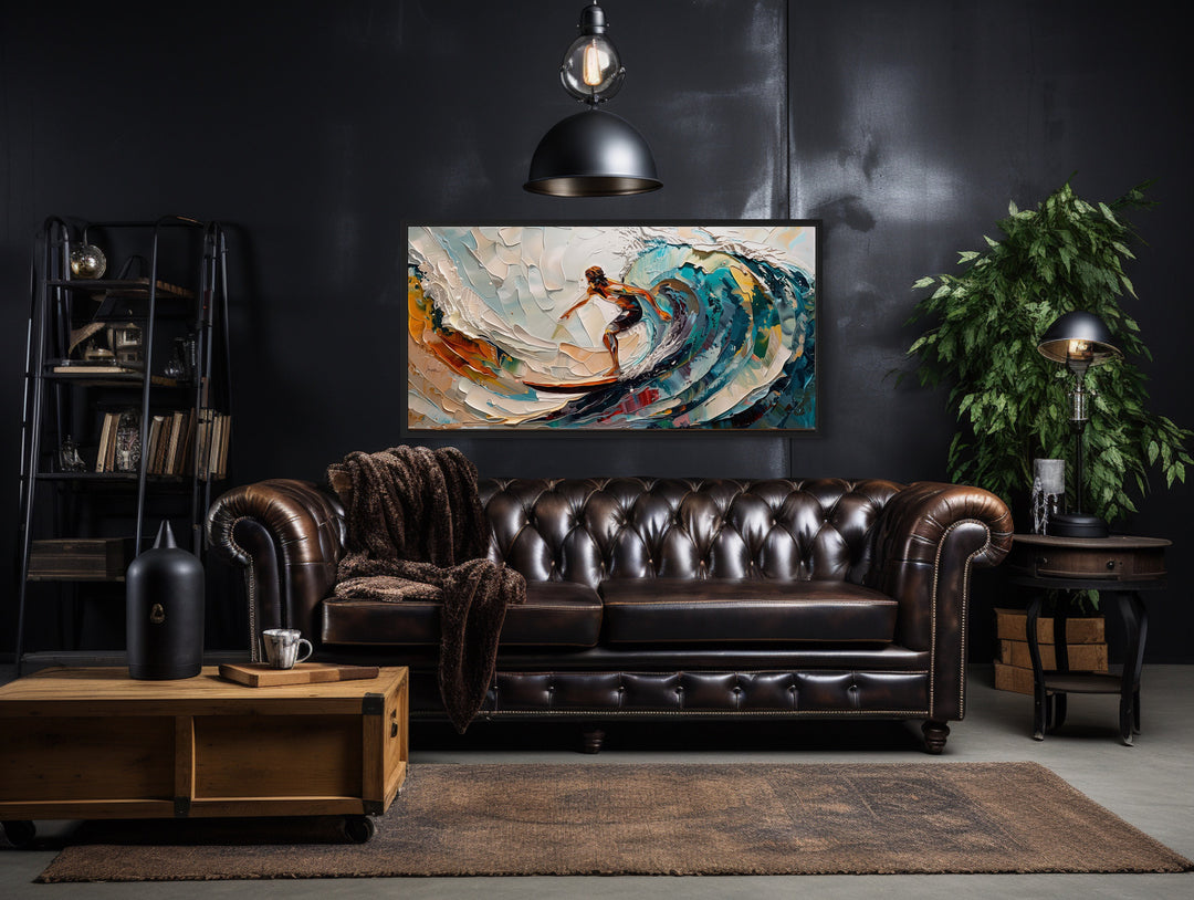 Surfer Riding Big Wave Surfing Framed Canvas Wall Art in man cave