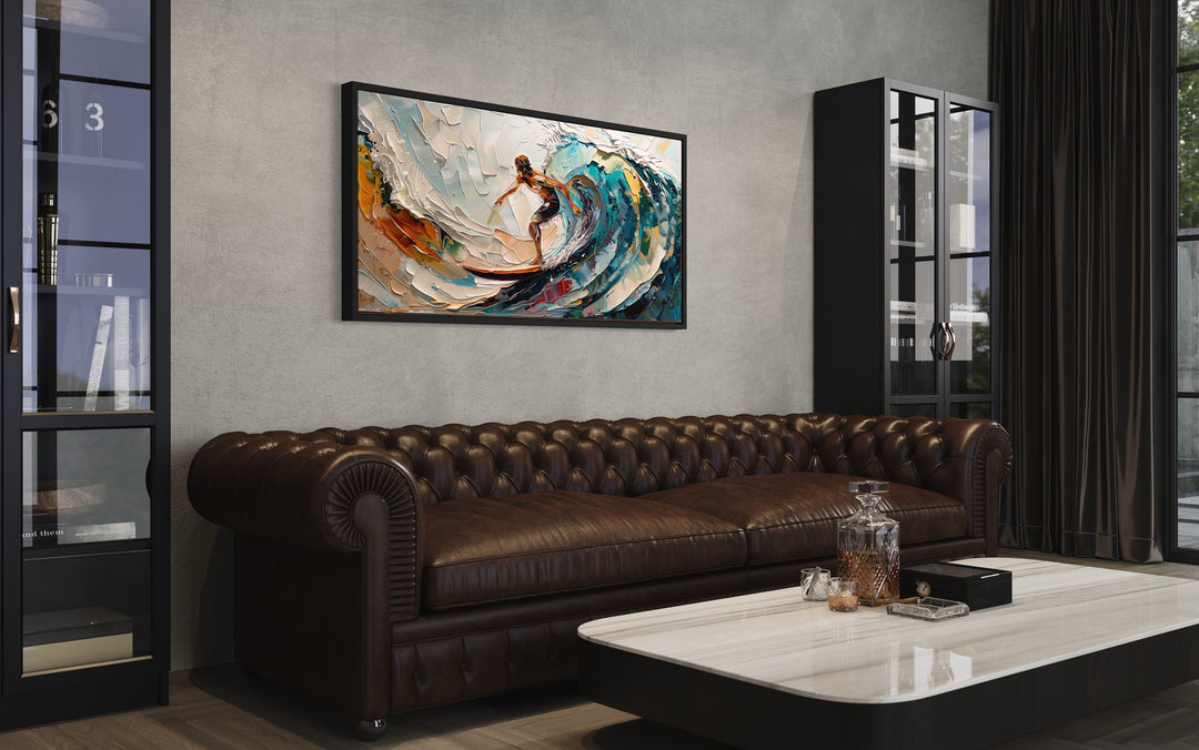 Surfer Riding Big Wave Surfing Framed Canvas Wall Art in living room