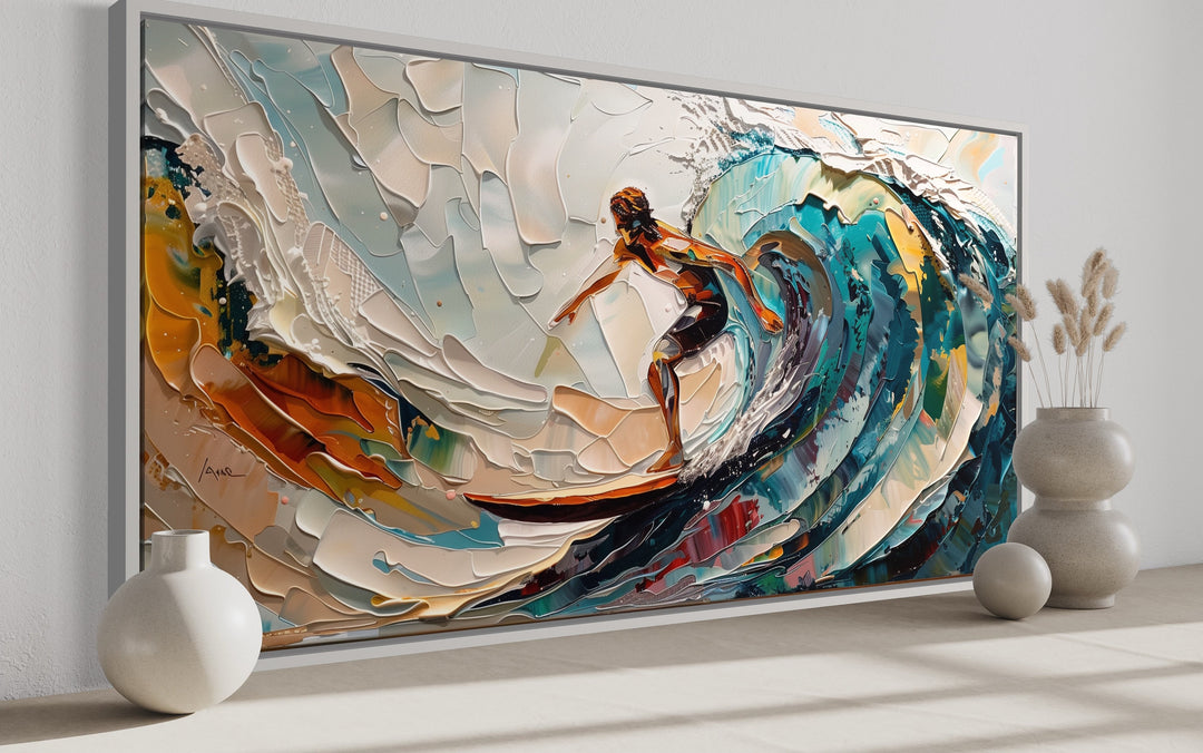 Surfer Riding Big Wave Surfing Framed Canvas Wall Art side view