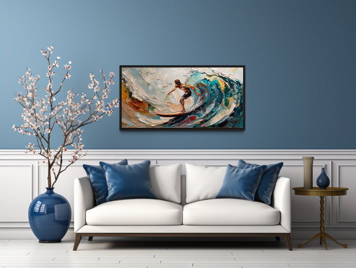 Surfer Riding Big Wave Surfing Framed Canvas Wall Art in living room