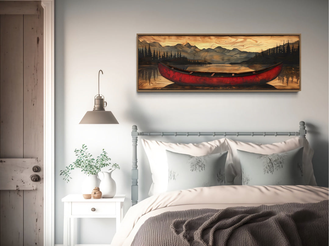 Old Red Canoe Painted On Wood Long Horizontal Framed Canvas Wall Art above bed