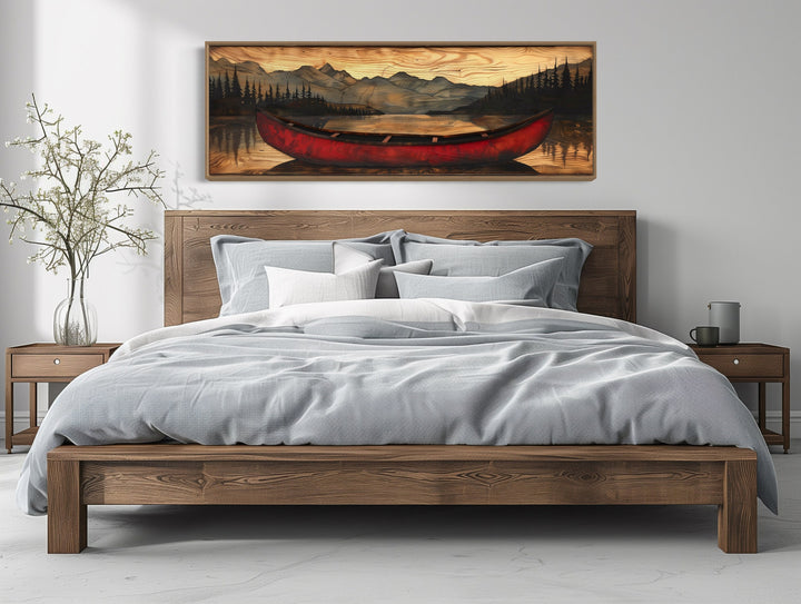 Old Red Canoe Painted On Wood Long Horizontal Framed Canvas Wall Art above bed