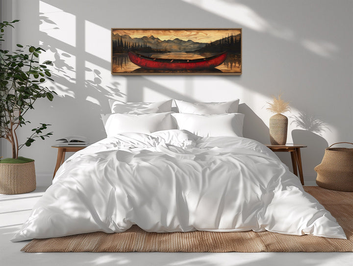 Old Red Canoe Painted On Wood Long Horizontal Framed Canvas Wall Art above bed