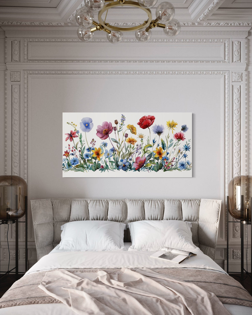 Pretty Wildflowers Simple Watercolor Farmhouse Wall Decor above bed