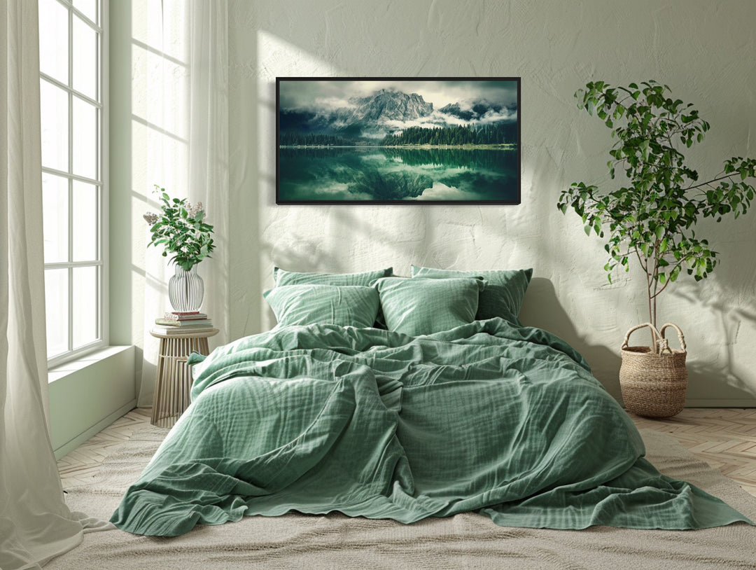 Emerald Green Nature Mirror Lake And Mountains Landscape Wall Art above bed