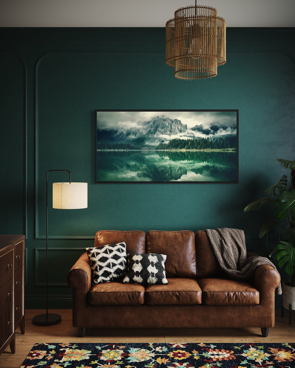Emerald Green Nature Mirror Lake And Mountains Landscape Wall Art in living room