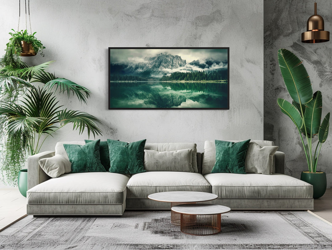 Emerald Green Nature Mirror Lake And Mountains Landscape Wall Art in living room