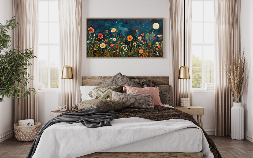 Wildflowers Field At Night Under Moon Large Horizontal Wall Art above bed