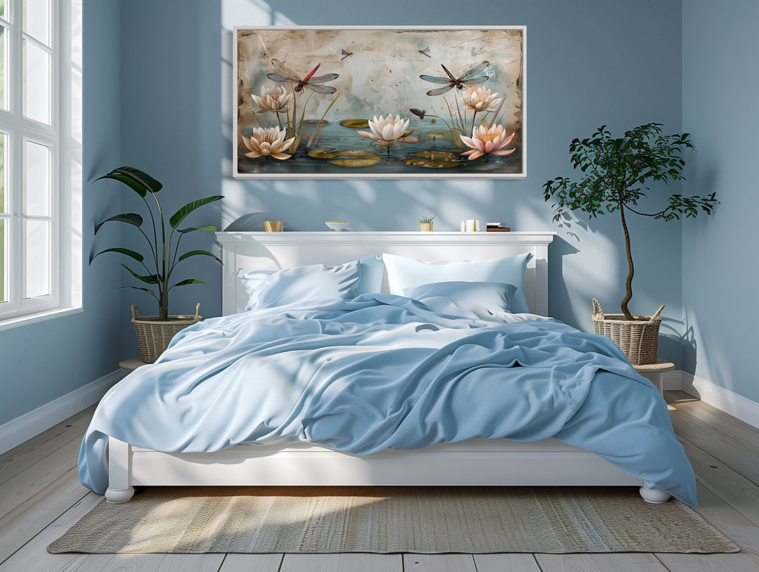 Rustic Dragonflies On Pond With Water Lilies Painting Framed Canvas Wall Art in bedroom