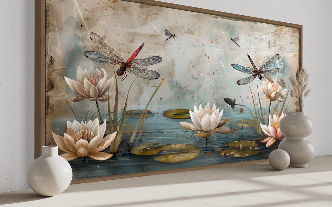 Rustic Dragonflies On Pond With Water Lilies Painting Framed Canvas Wall Art side view