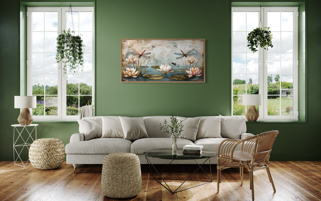 Rustic Dragonflies On Pond With Water Lilies Painting Framed Canvas Wall Art in living room
