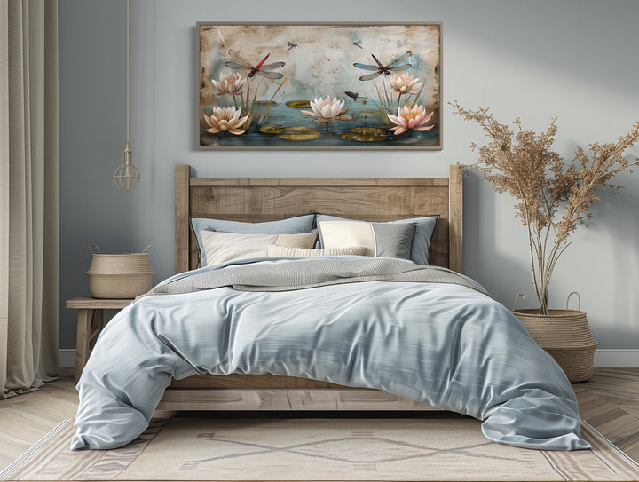 Rustic Dragonflies On Pond With Water Lilies Painting Framed Canvas Wall Art above bed