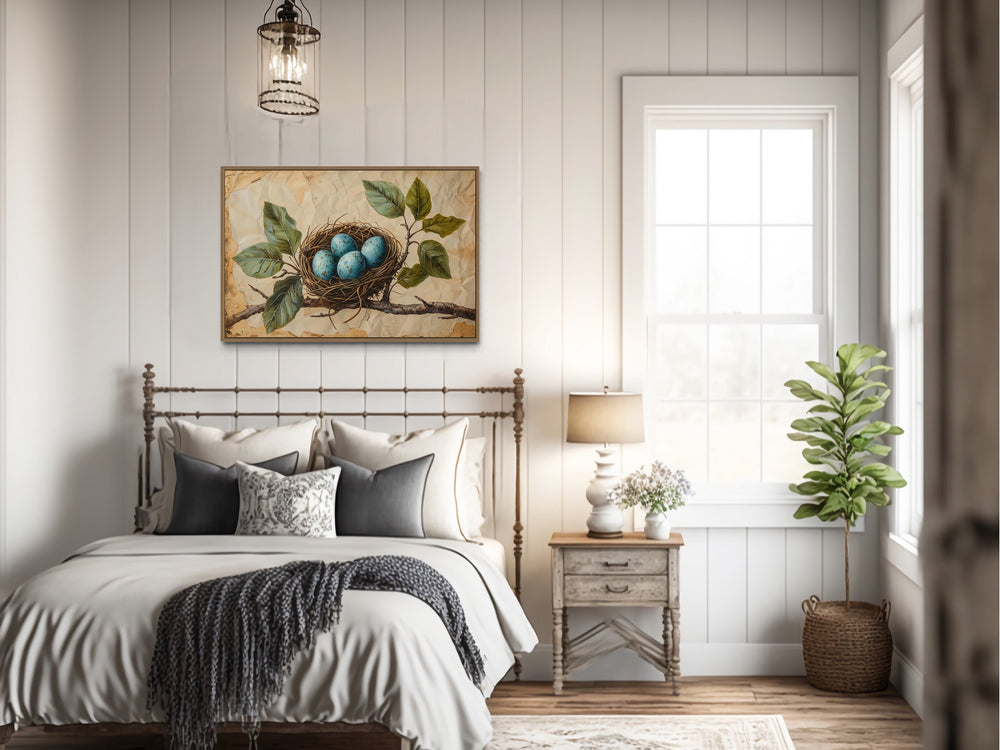 Bird Nest With Blue Eggs On Rustic Background Wall Art in rustic bedroom