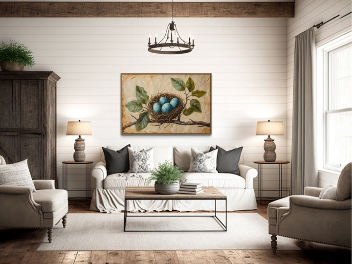 Bird Nest With Blue Eggs On Rustic Background Wall Art in rustic living room