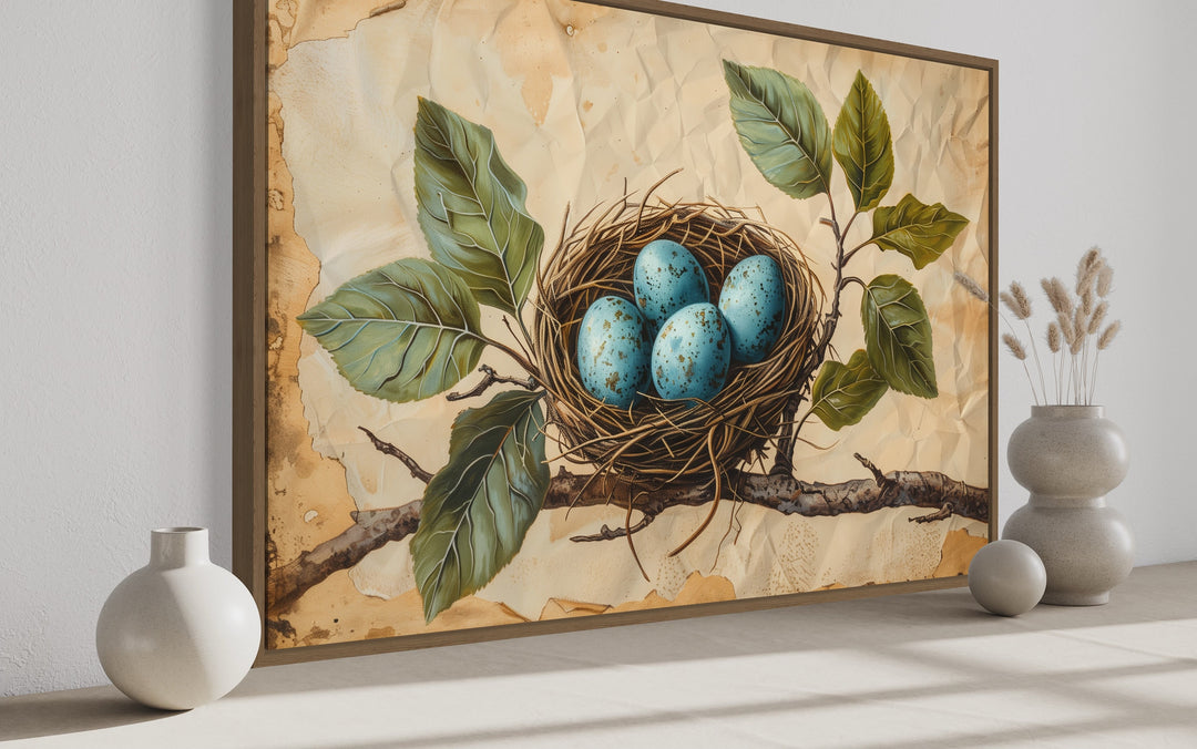 Bird Nest With Blue Eggs On Rustic Background Wall Art side view