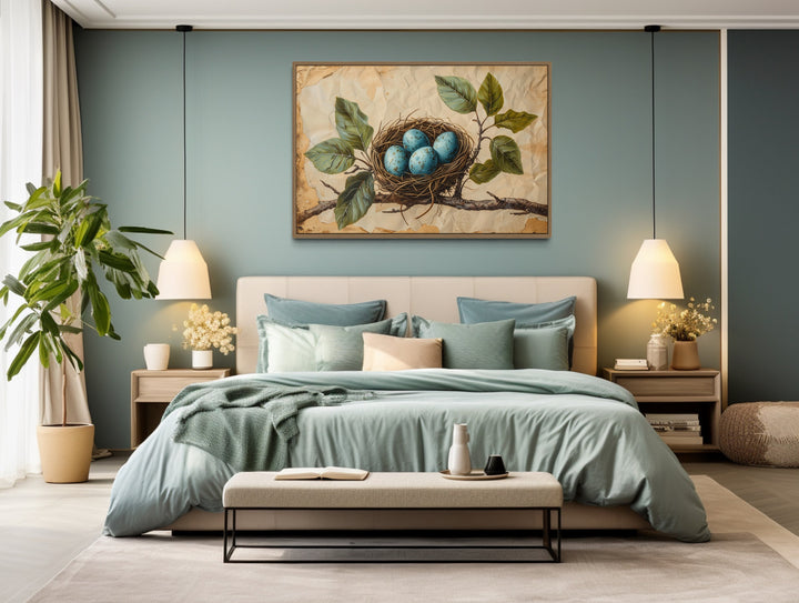 Bird Nest With Blue Eggs On Rustic Background Wall Art above bed