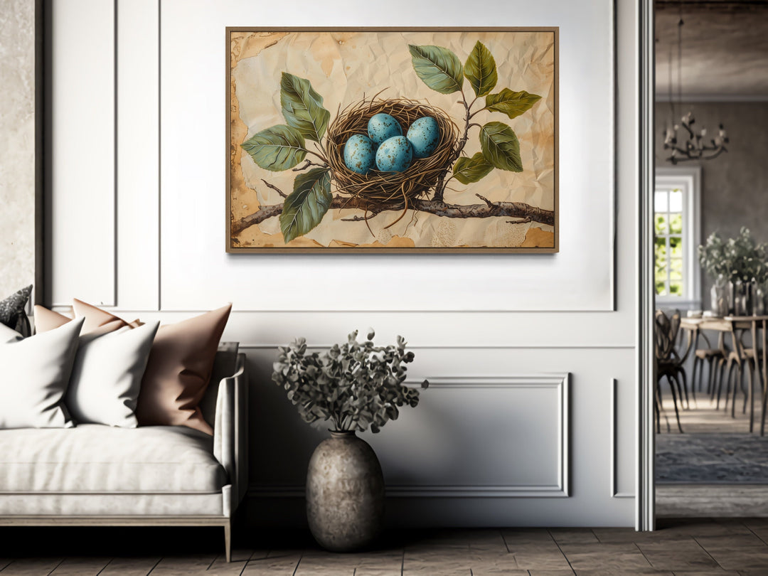 Bird Nest With Blue Eggs On Rustic Background Wall Art