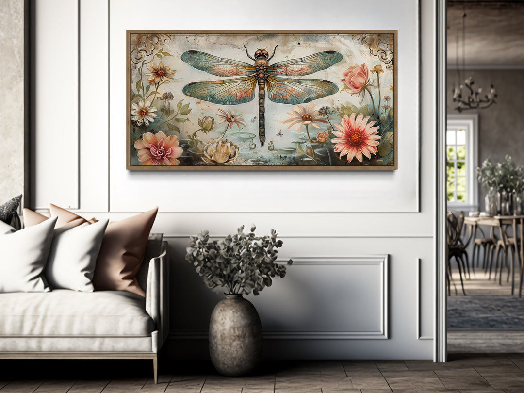 Rustic Dragonfly Illustration With Flowers Framed Canvas Wall Art