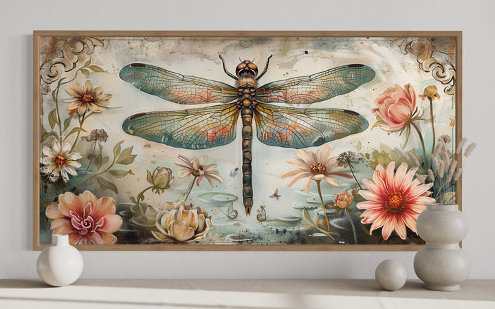 Rustic Dragonfly Illustration With Flowers Framed Canvas Wall Art close up