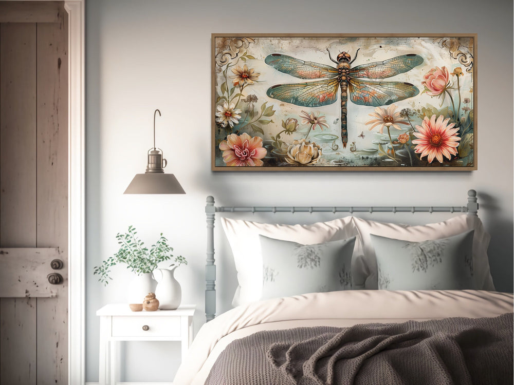 Rustic Dragonfly Illustration With Flowers Framed Canvas Wall Art above rustic bed