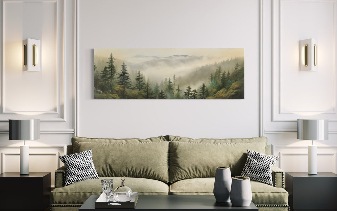 Green Foggy Forest Nature Landscape Horizontal Framed Canvas Wall Art above green couch