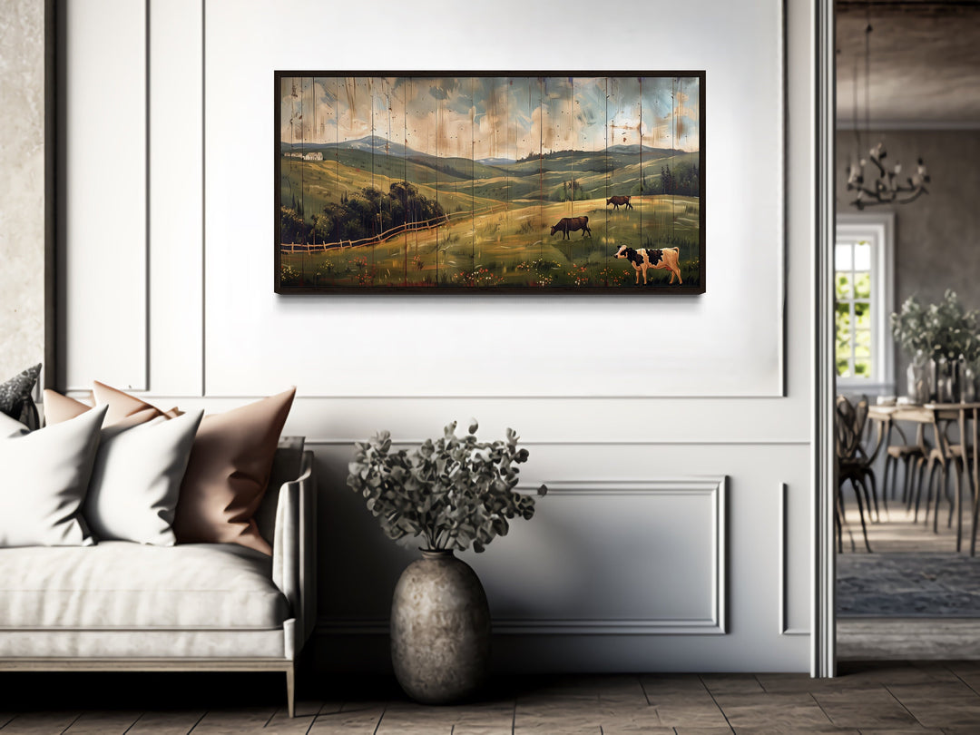 Rustic Pastoral Landscape Farm With Cows Wall Art in farmhouse