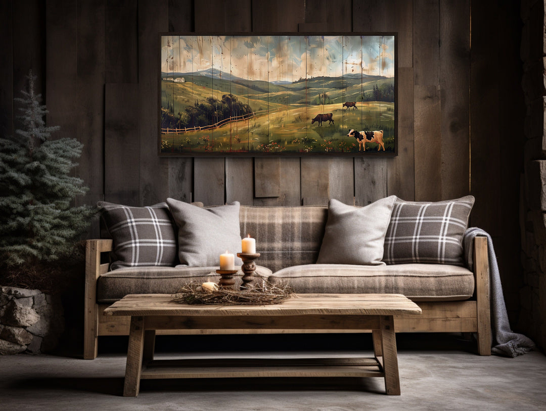 Rustic Pastoral Landscape Farm With Cows Wall Art in rustic room