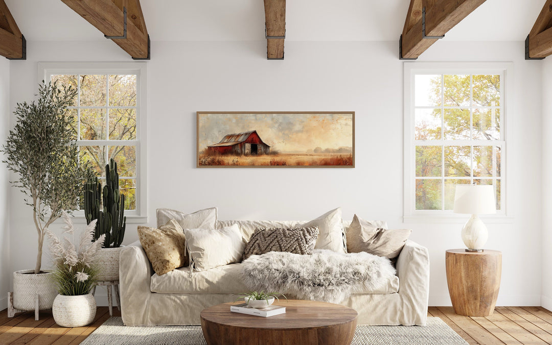 Rustic Old Red Barn Panoramic Farmhouse Wall Art above beige couch