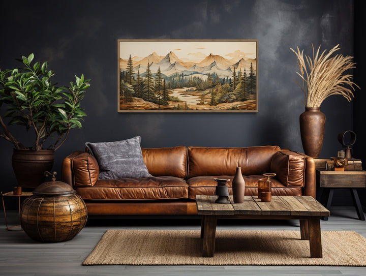 Rustic Mountain Nature Layered Wood Panel Effect Wall Art above brown couch