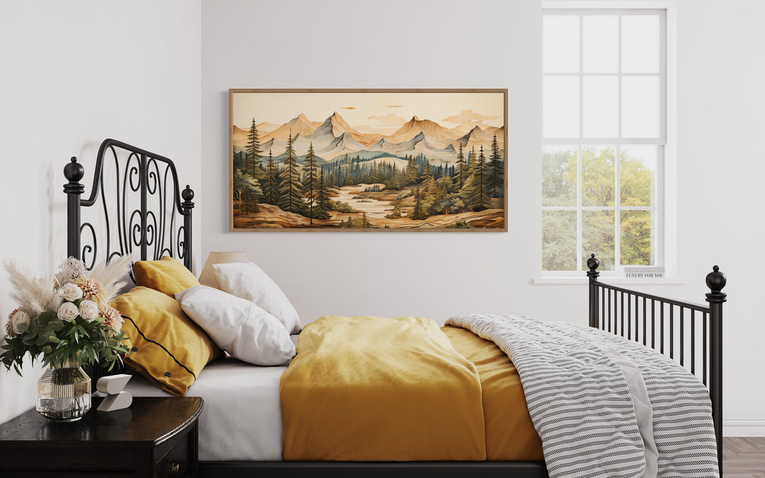 Rustic Mountain Nature Layered Wood Panel Effect Wall Art in bedroom