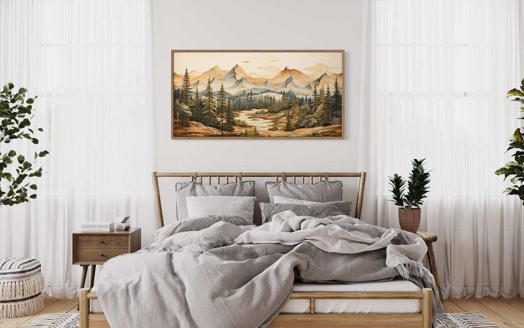 Rustic Mountain Nature Layered Wood Panel Effect Wall Art above bed