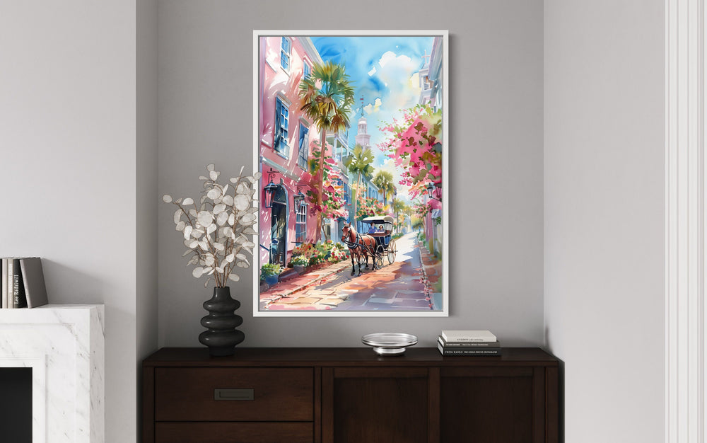 Charleston Horse Carriage In The Street Framed Canvas Wall Art