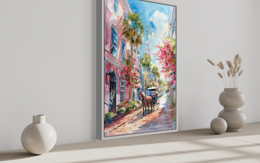 Charleston Horse Carriage In The Street Framed Canvas Wall Art side view