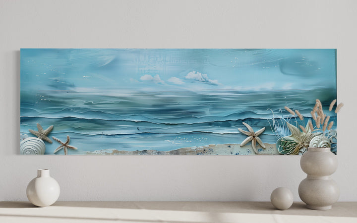 Long Horizontal Beach With Seashells Coastal Wall Art close up