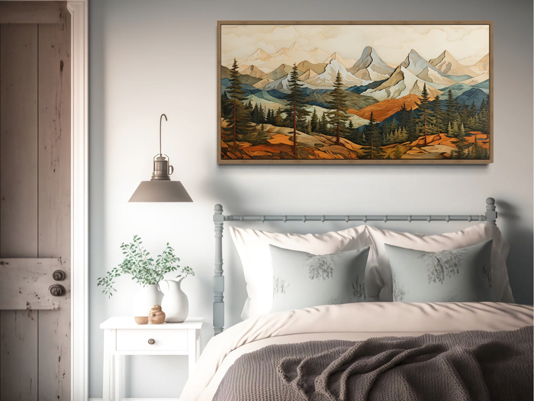 Rustic Mountain Layered Wood Panel Effect Painting Canvas Wall Art above bed