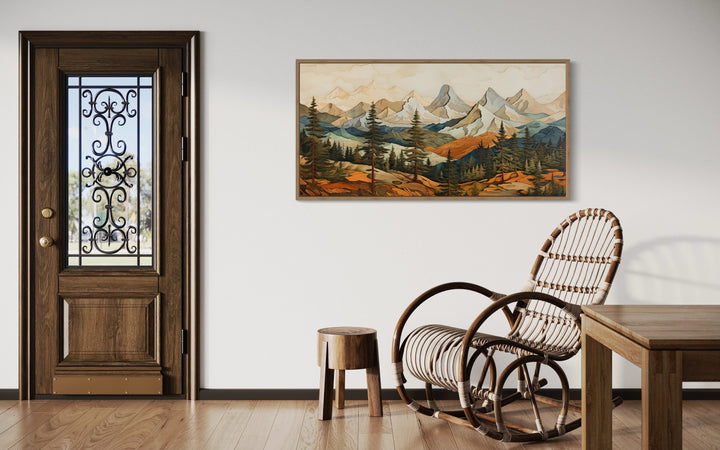 Rustic Mountain Layered Wood Panel Effect Painting Canvas Wall Art in a cabin