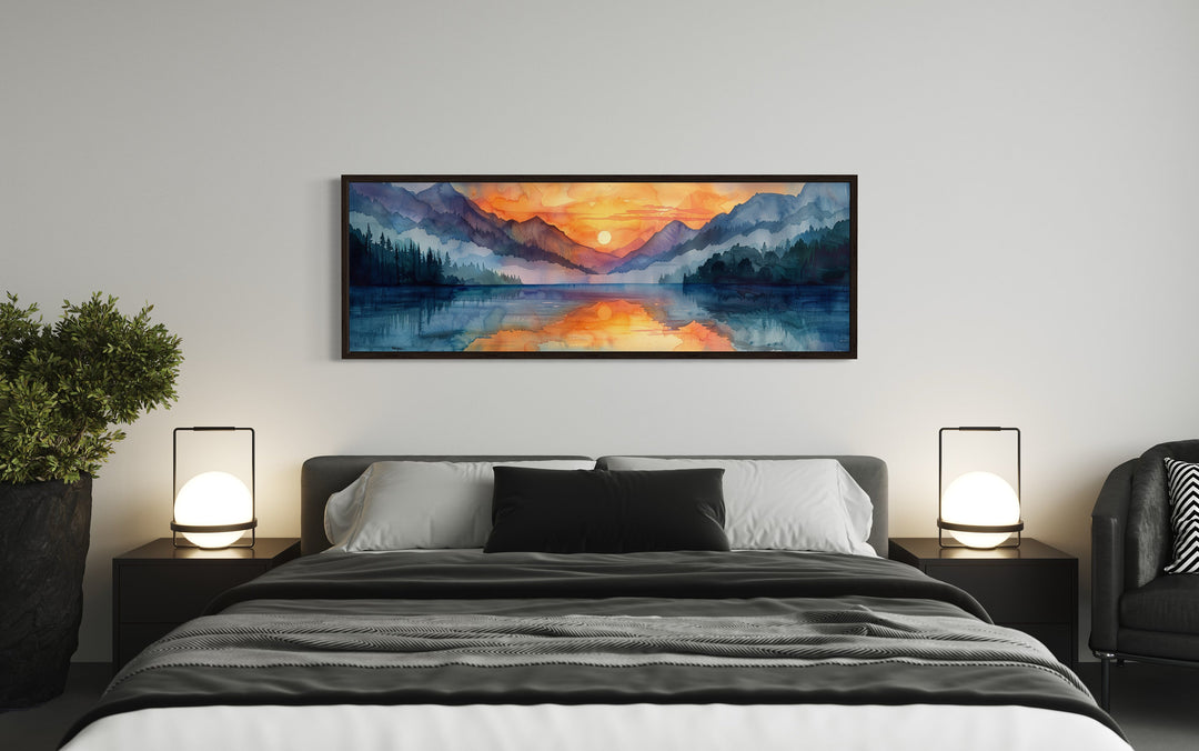 Long Narrow Mountain Lake Sunset Landscape Framed Canvas Wall Art above bed