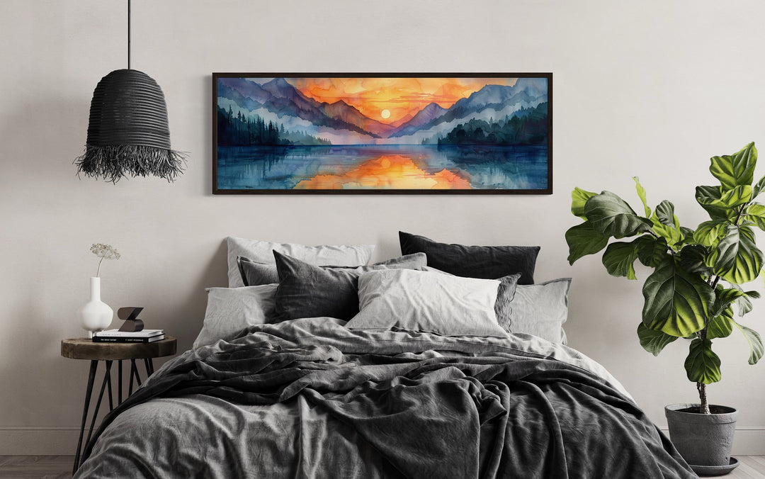 Long Narrow Mountain Lake Sunset Landscape Framed Canvas Wall Art