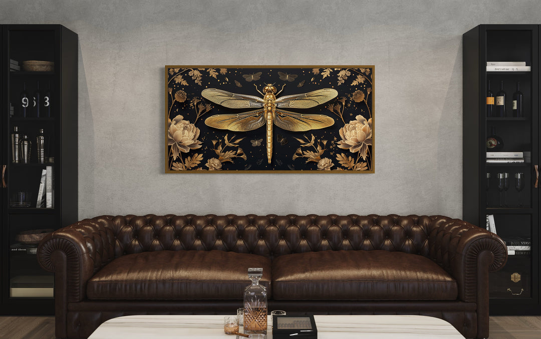 Black Gold Dragonfly With Flowers Framed Canvas Wall Art above broun couch