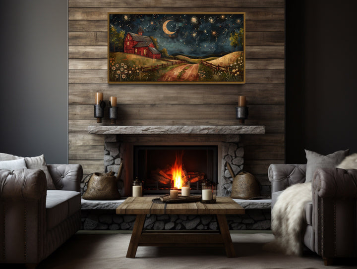 Red Barn On The Farm At Night Under Stars And Moon Crescent Wall Art above fireplace