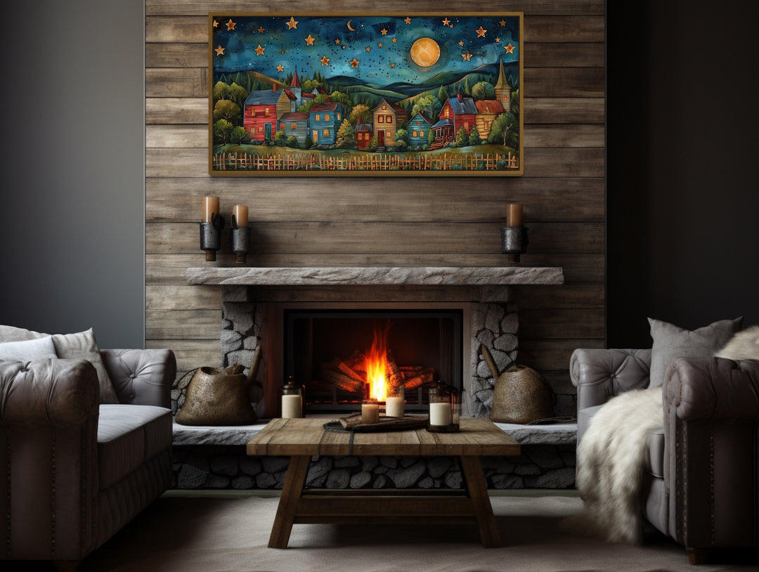 Rustic Village At Night Under Stars And Moon Rural Wall Art