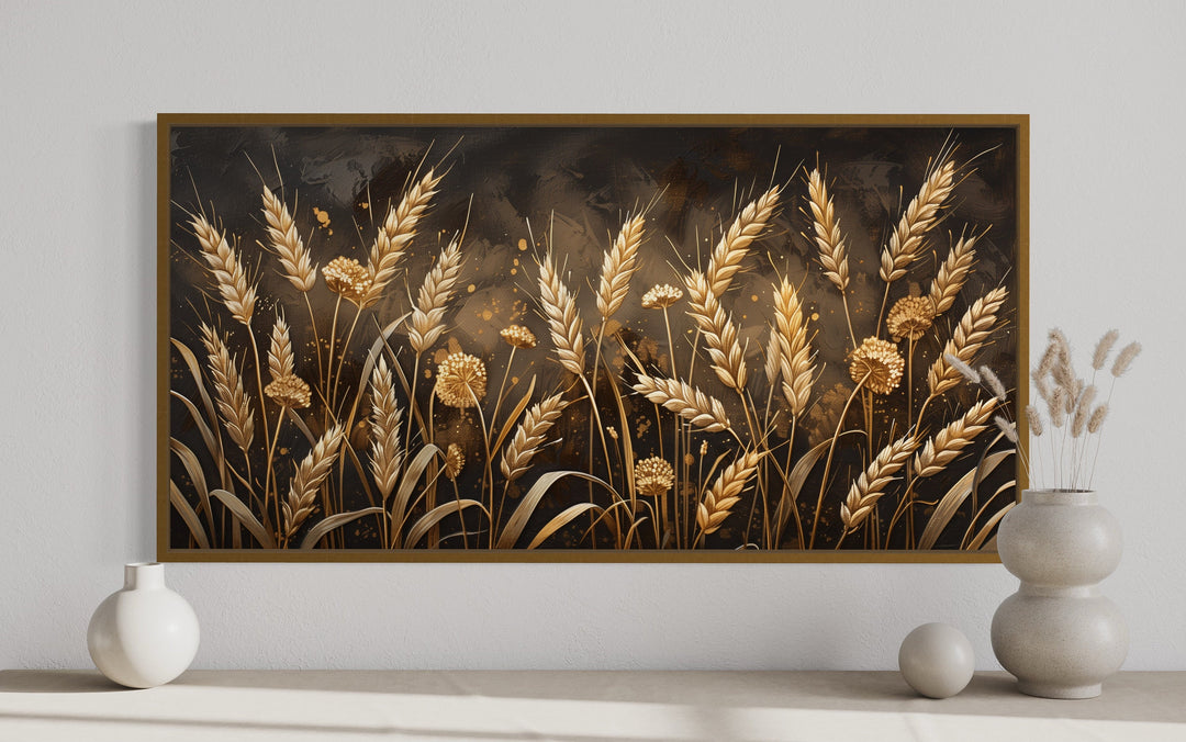 Brown Beige Boho Wheat Field Framed Canvas Wall Art close up