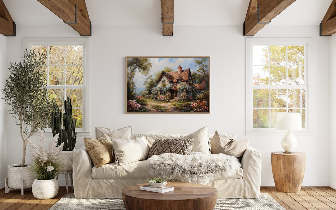 Antique European Floral Cottage Rustic Framed Canvas Wall Art in living room