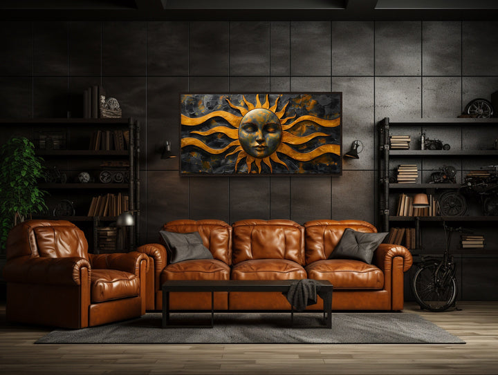 Black Gold Sun Celestial Framed Canvas Wall Art above couch