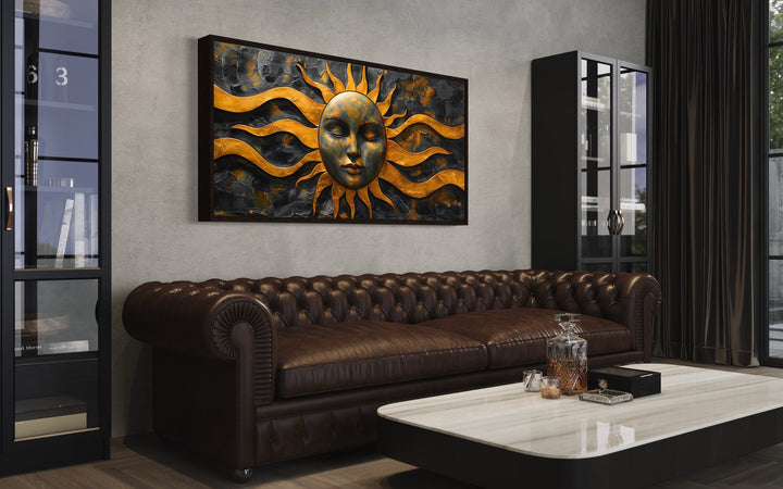 Black Gold Sun Celestial Framed Canvas Wall Art in living room