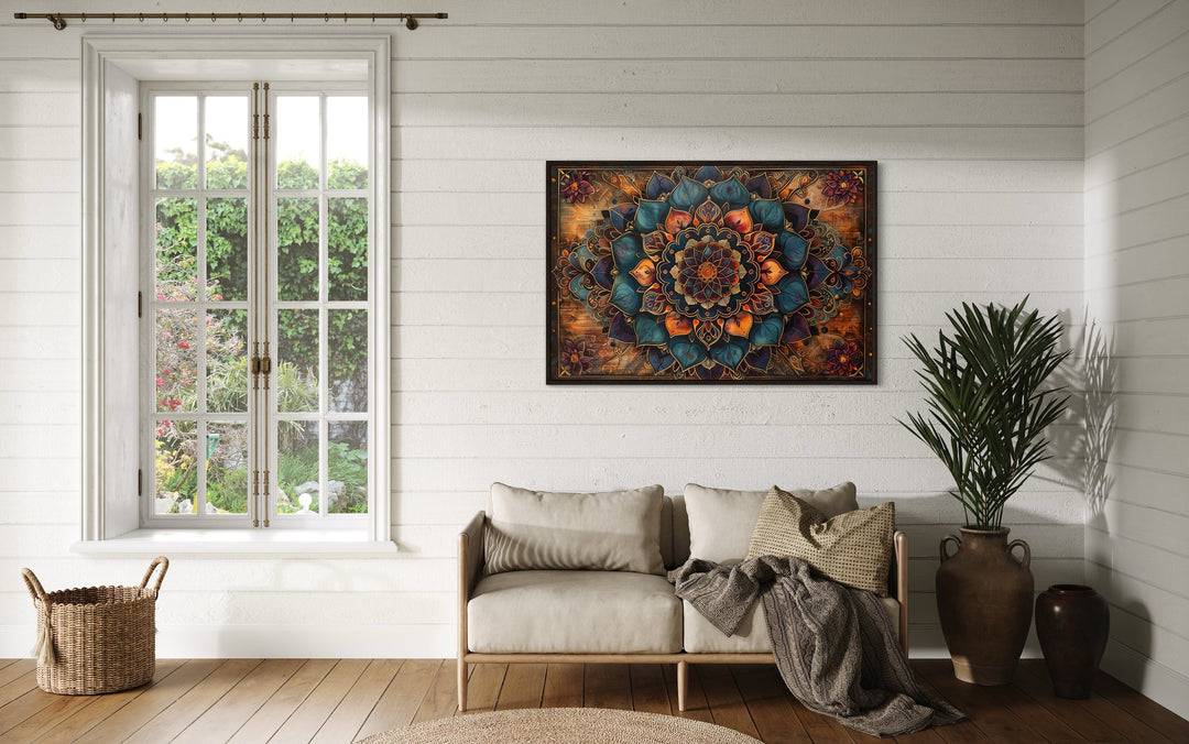 Brown Navy Boho Mandala Framed Canvas Wall Art above couch