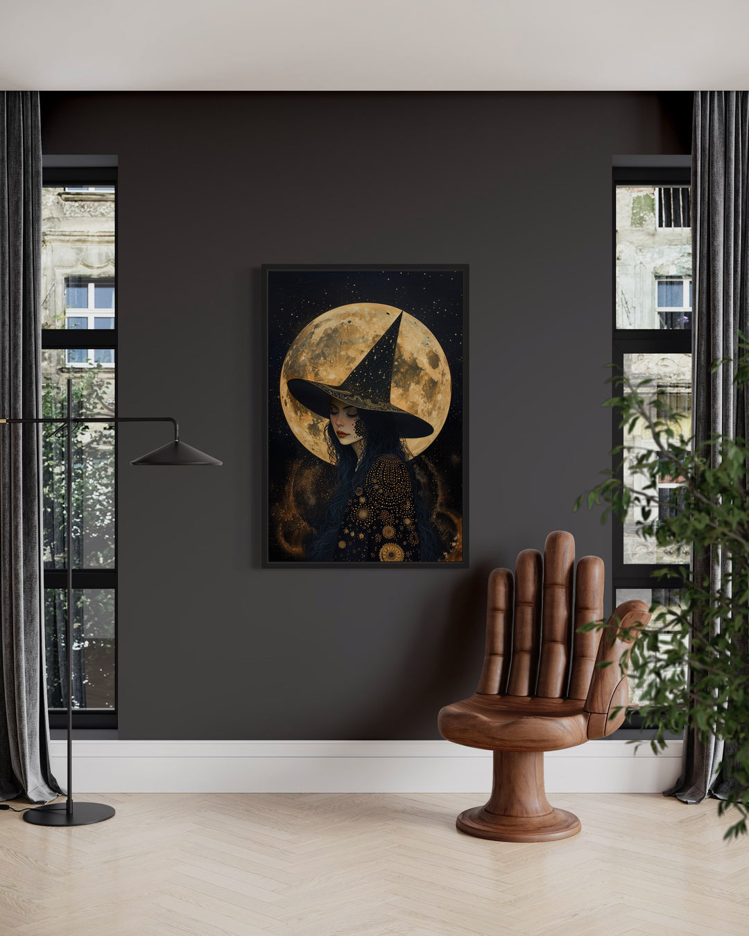 Celestial Witch With Full Moon And Starry Sky Halloween Wall Art in living room