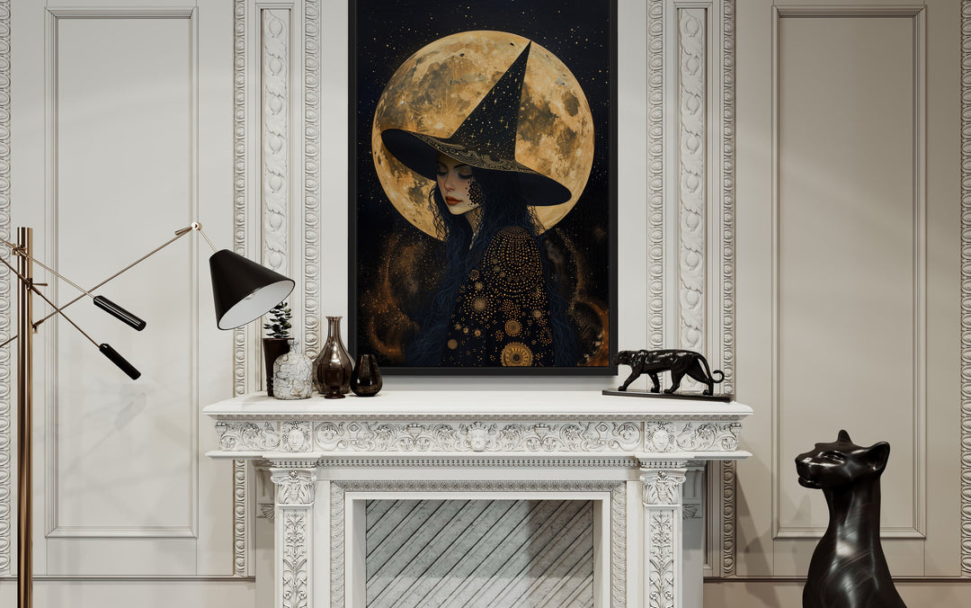 Celestial Witch With Full Moon And Starry Sky Halloween Wall Art above fireplace